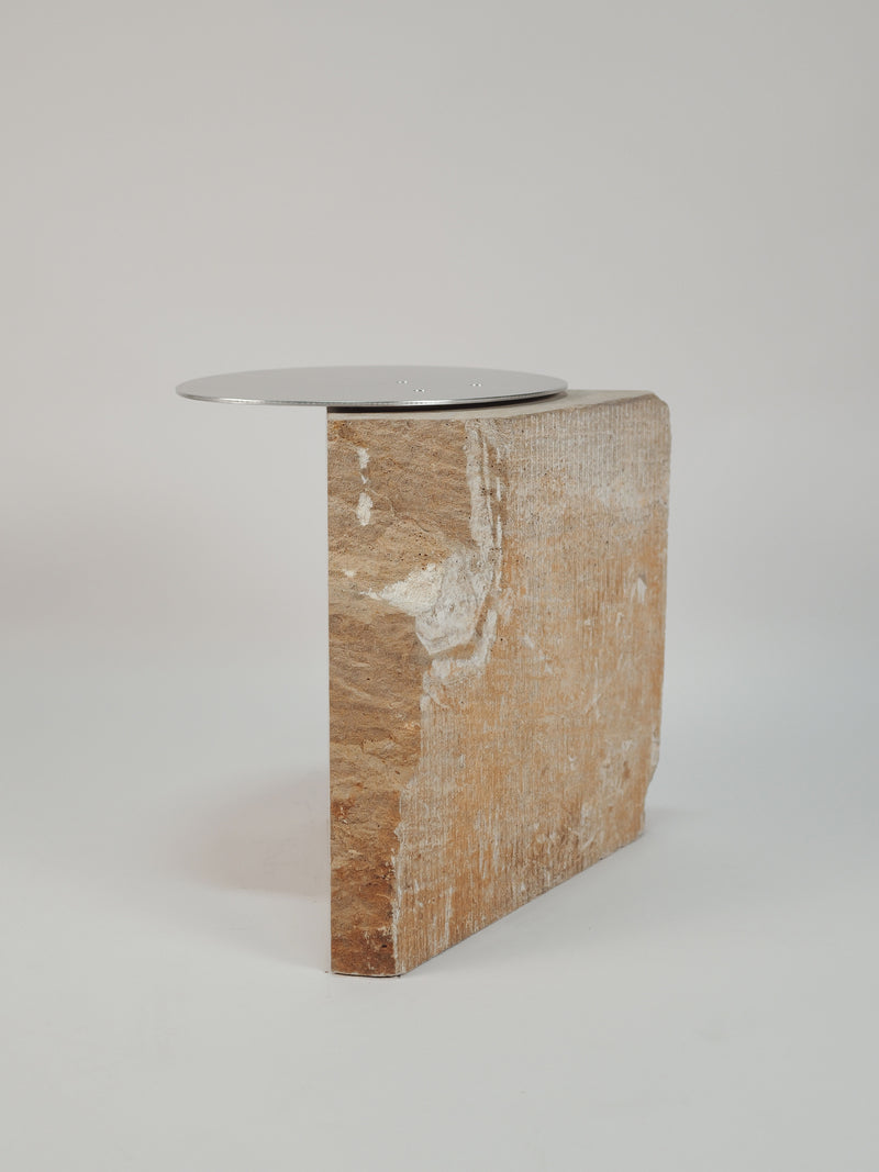 Fragments side table with weathered wood base and round glass top