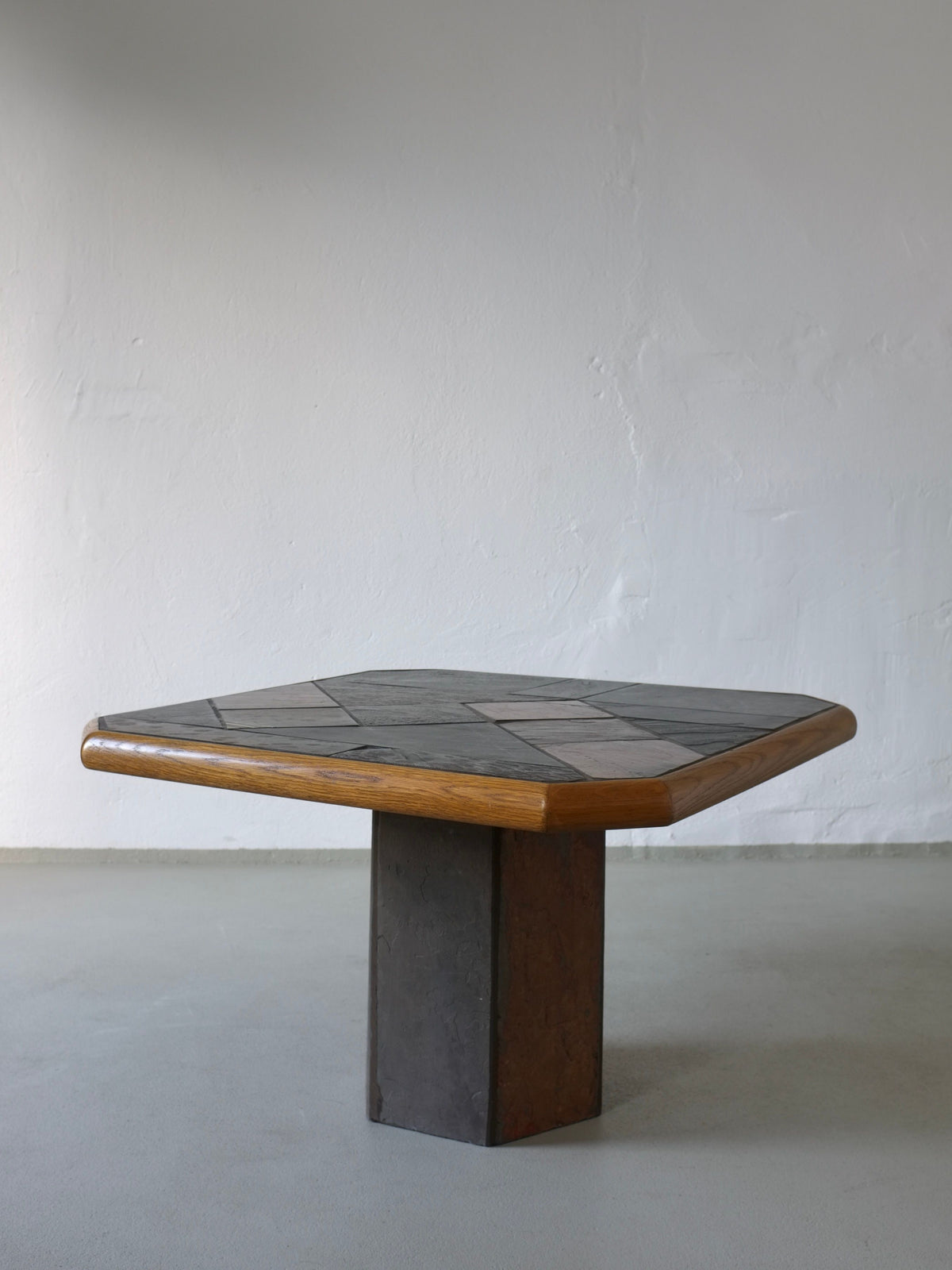 Brutalist stone oak square coffee table with geometric slate top