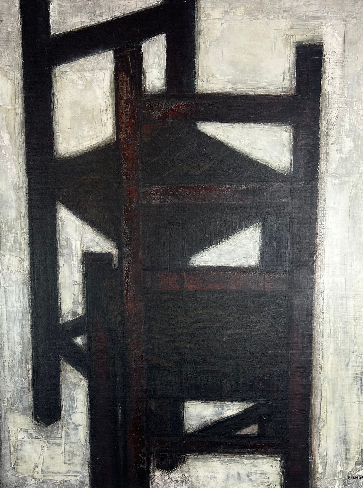 Abstract geometric painting with dark angular forms and white spaces by Erwin Eichbaum