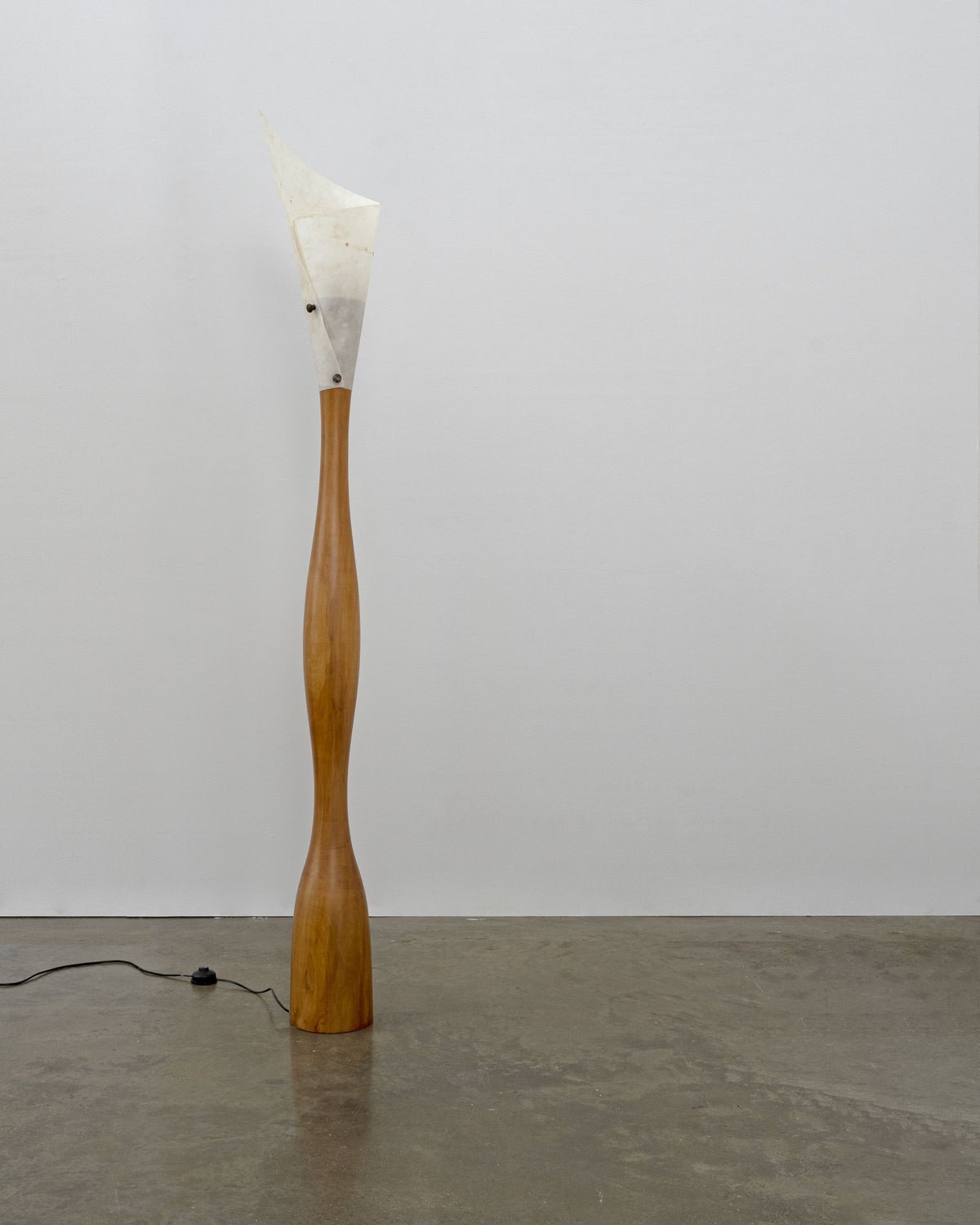 Postmodern wooden floor lamp with sculptural base and fabric shade