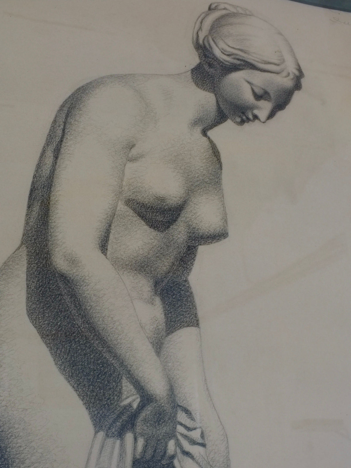 The 1883 charcoal drawing by Ebba Von Wachenfeldt, offered by Veter Vintage, features a serene nude woman in classical style. Detailed shading enhances her form as she holds a draped cloth with one hand, her head slightly tilted downward.