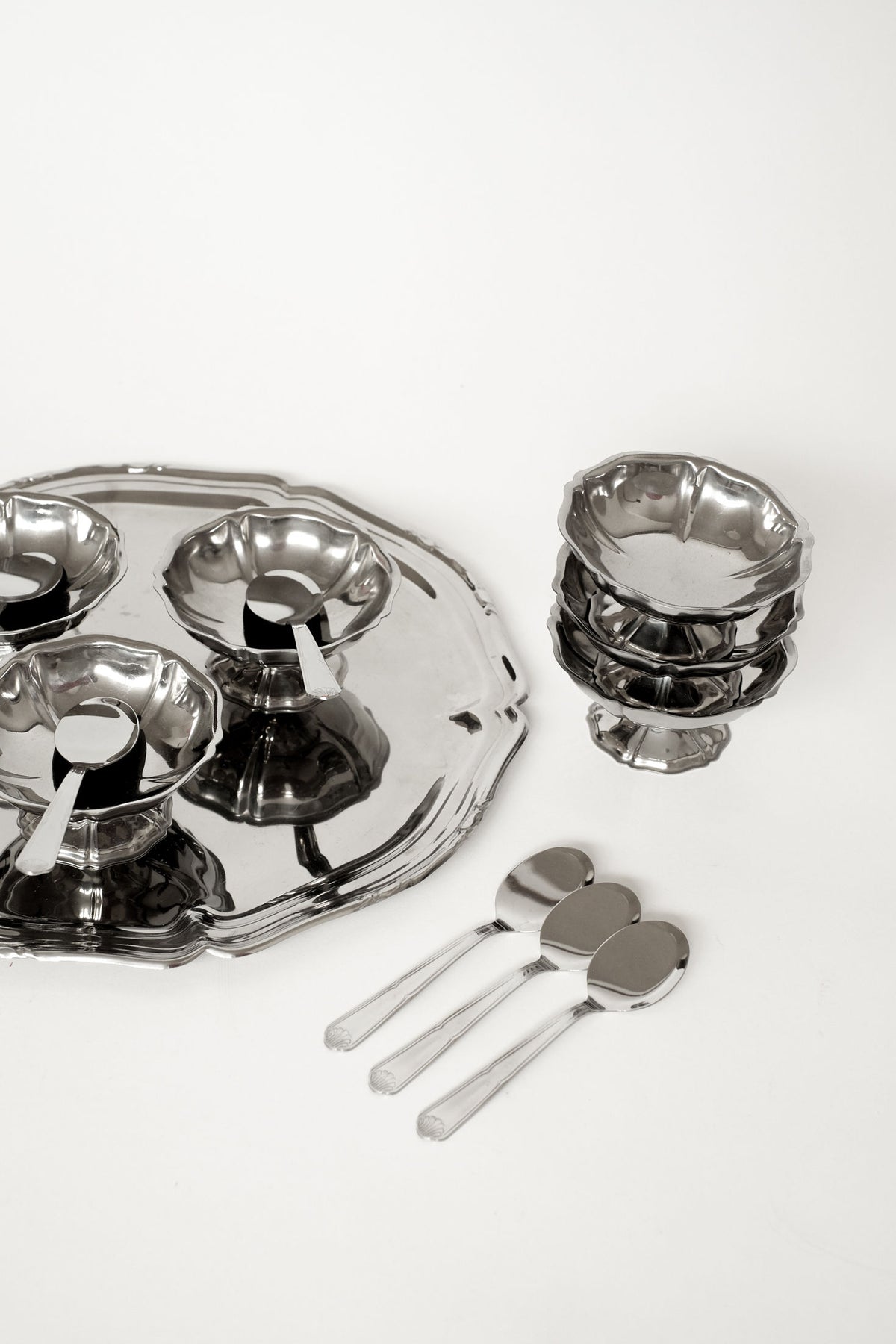 Guy Degrenne stainless steel ice cream bowls with serving tray