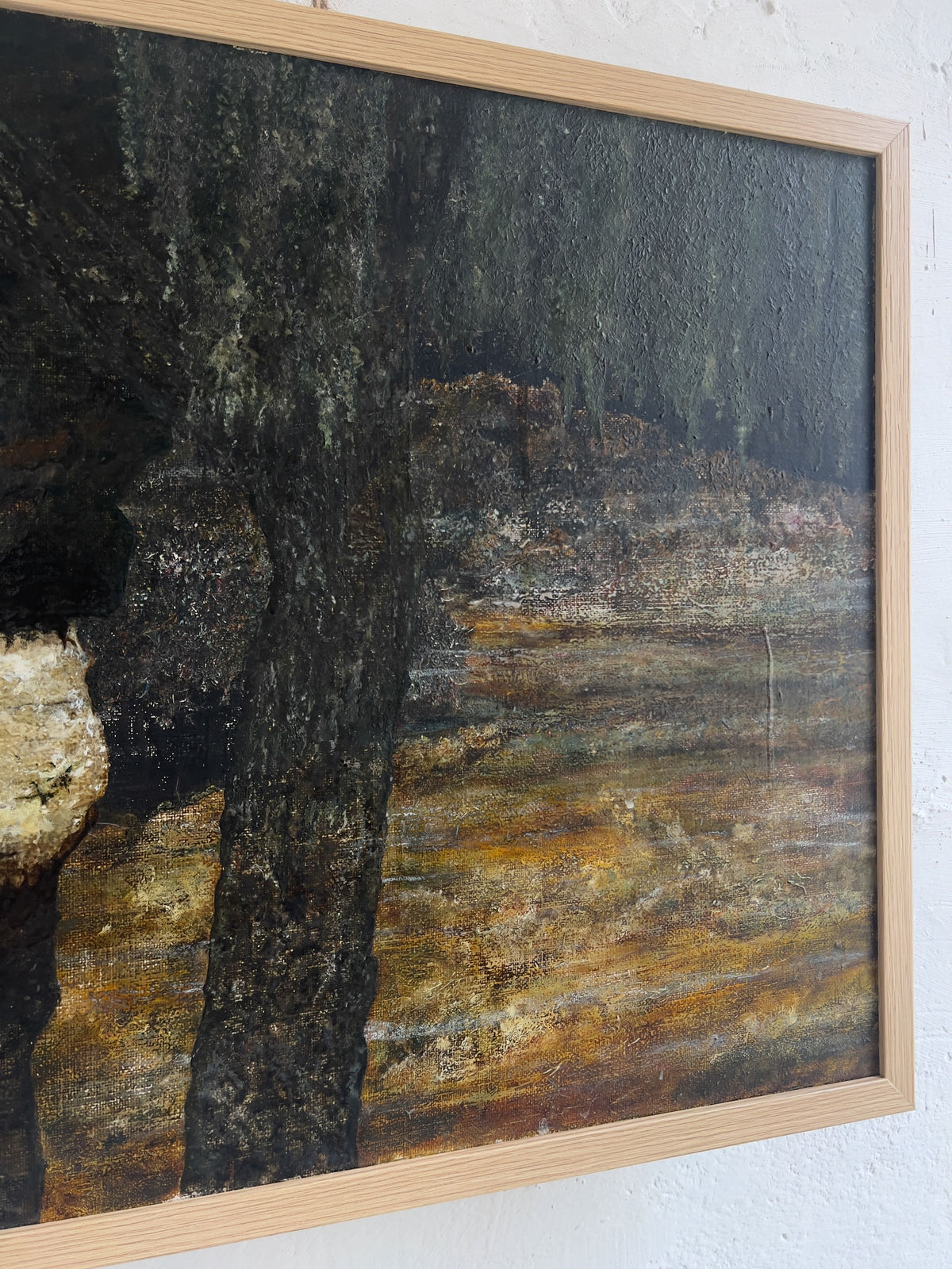 The Veter Vintage "Vintage Landscape Painting, Oil on Canvas" features a close-up of textured brushstrokes with dark trees and an earthy Netherlands-like landscape. The deep greens, browns, and golden hues suggest a forest scene, complemented by its natural wooden frame.