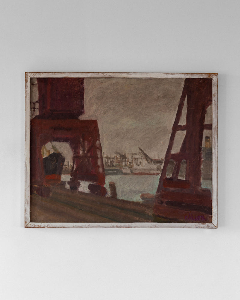 A Spigel framed vintage oil painting by Axel Käller from 1960s Sweden adorns a white wall, capturing an industrial harbor scene with striking red cranes, serene waters, and distant ships under a gray sky. Its muted abstract style highlights geometric shapes in this evocative Scandinavian landscape.