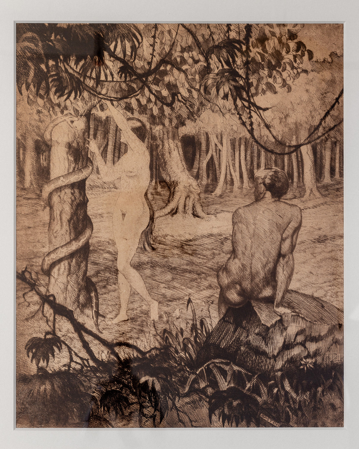 The sepia-toned etching "Adam & Eve" by Gaston Smidt, offered by Spigel, captures a nude man on a rock watching a nude woman reaching towards a serpent coiled around a tree in a dense forest, evocative of dry-needle technique and traditional Adam and Eve themes.