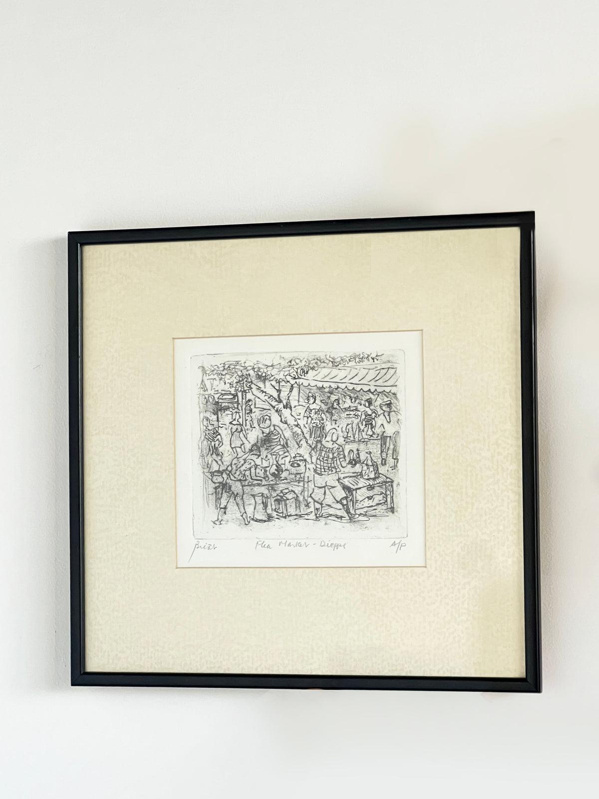 Framed charcoal sketch of bustling flea market scene by Porter Studio