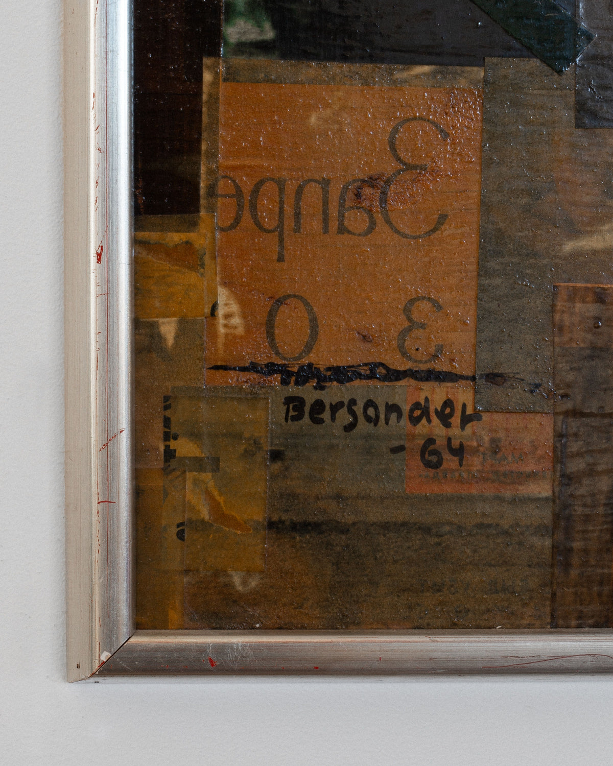 Spigel's "Mid-Century Abstract Collage Artwork | 1964, Sweden" features a blend of brown and orange papers with the date "64" and text flipped, reminiscent of Lars Bergander's style. Its silver frame subtly appears on the left.