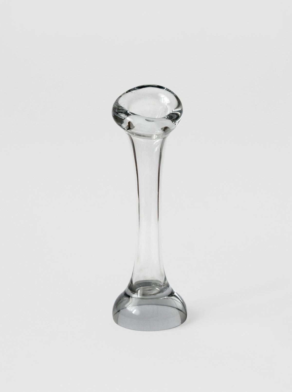 Clear glass solifleur vase with slim stem and round base, 1960s