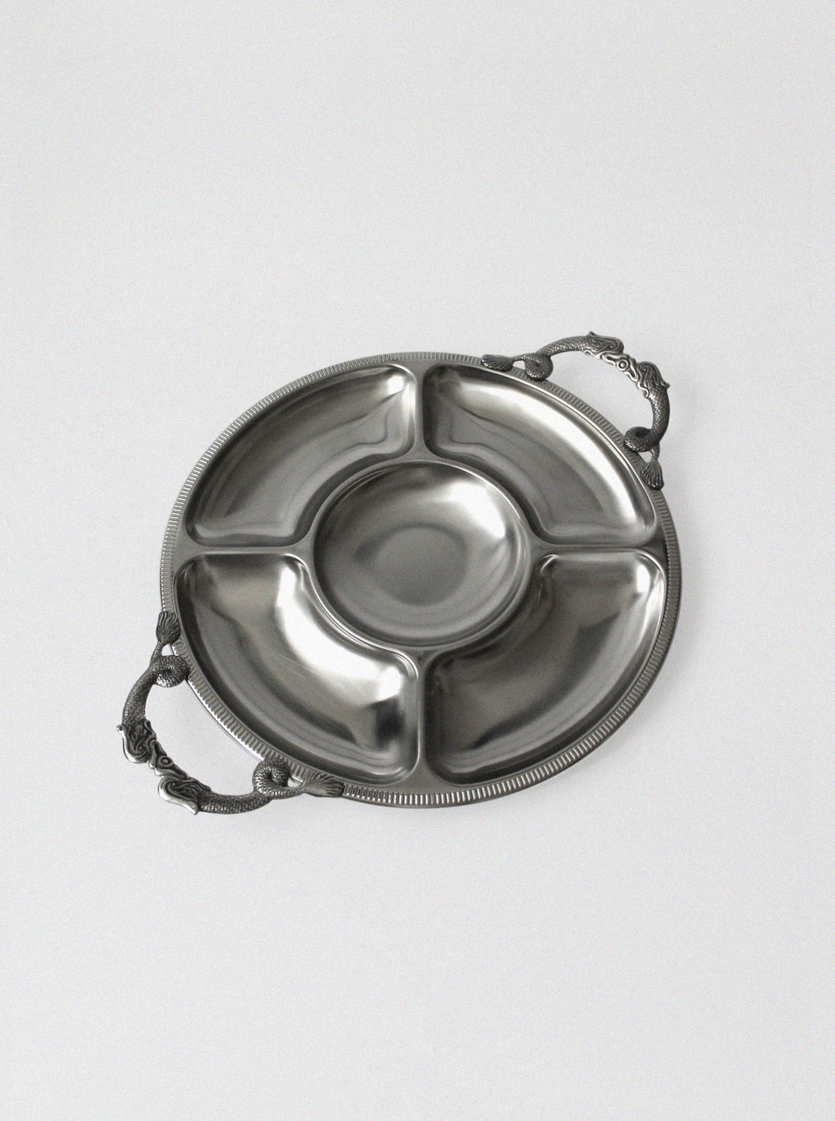 Brushed stainless steel sectioned serving tray with ornate handles