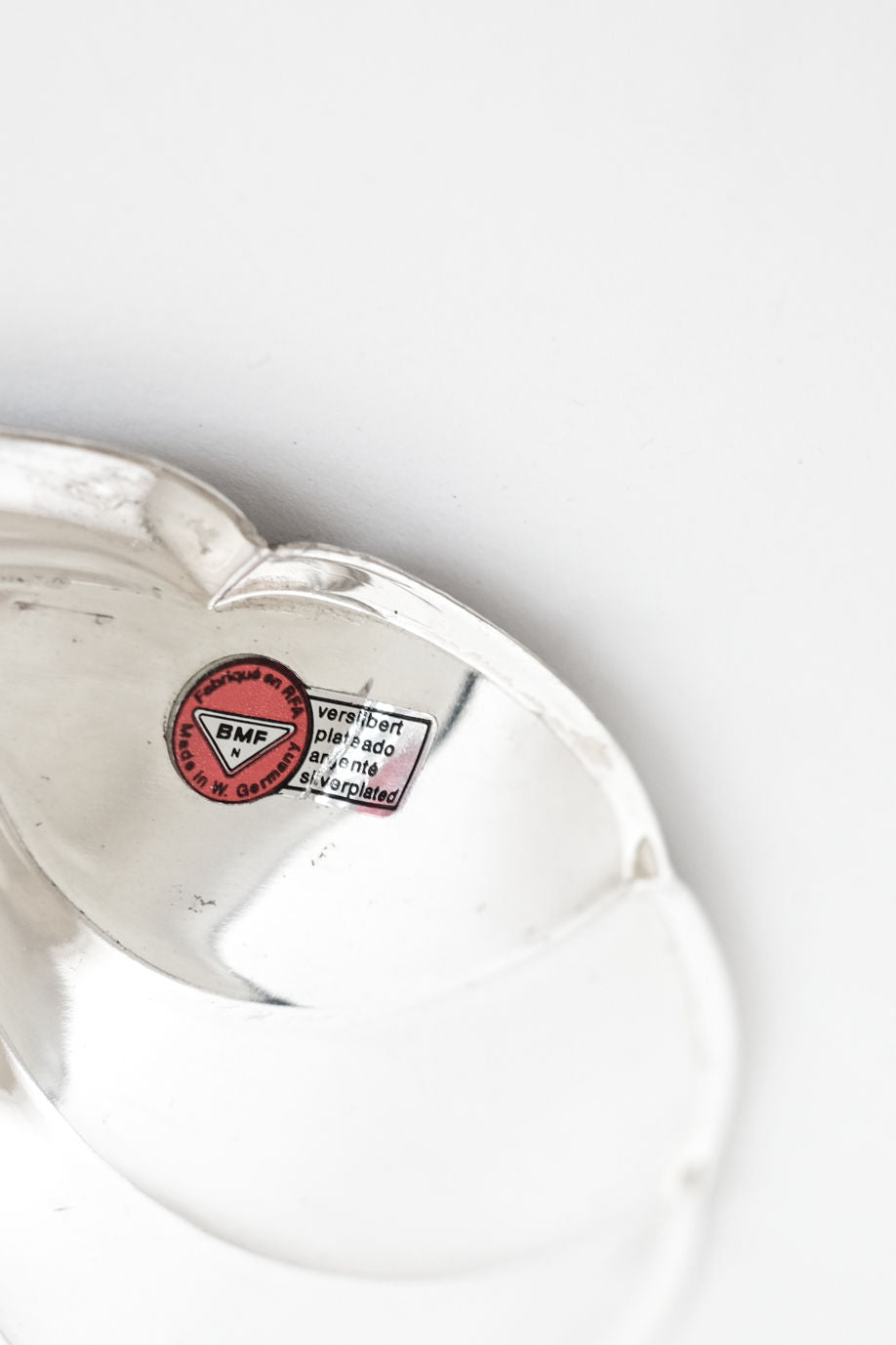 BMF silverplated shell dish maker's mark and quality labels detail