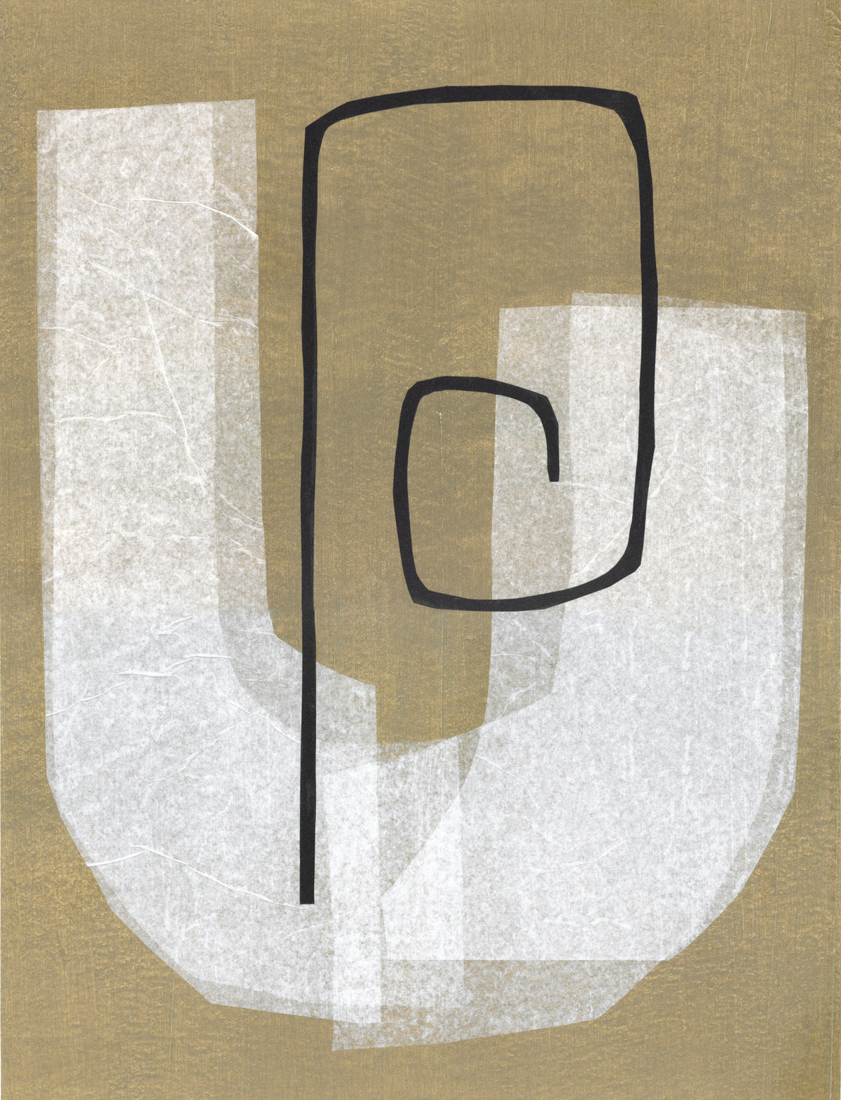 Purpose" Art Collage by Julita Elbe showcases a minimalistic, modern design with overlapping translucent white geometric shapes, a bold black spiral, and textured beige handmade cotton paper.