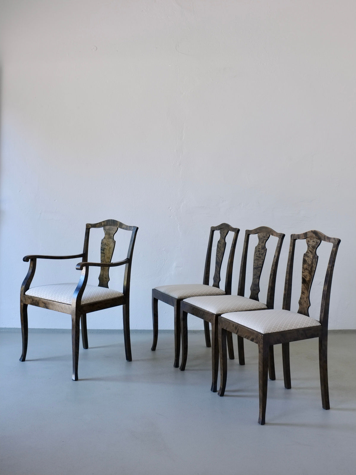 Set of Swedish Grace satin birch dining chairs with upholstered seats