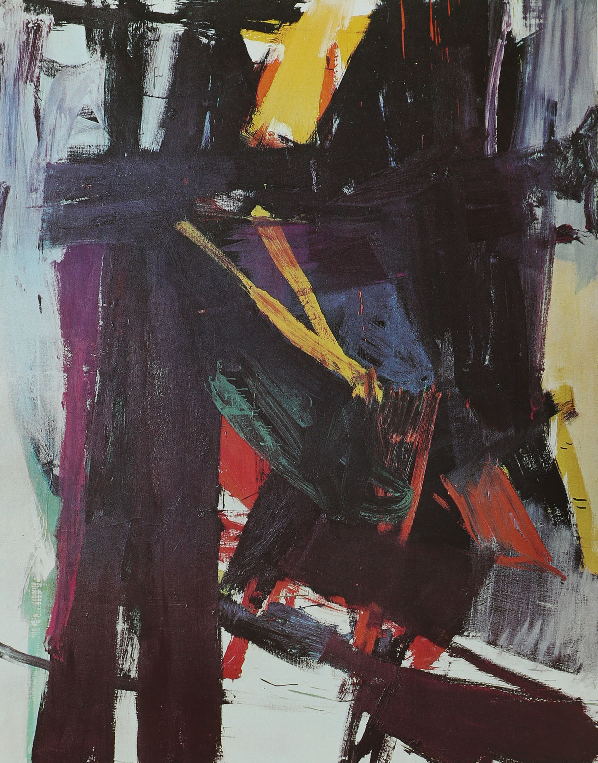 Abstract expressionist painting with bold black brushstrokes and vibrant colors
