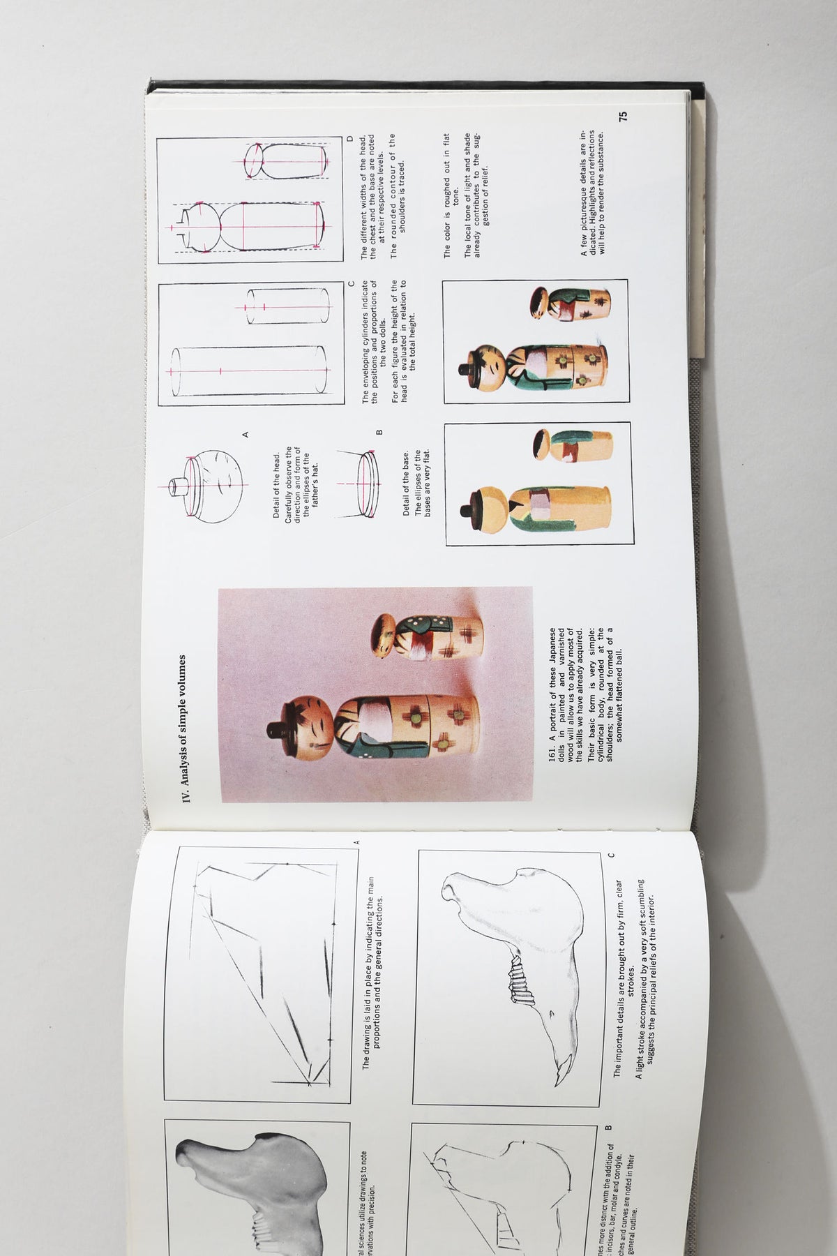 Open art book showing geometric drawing techniques and Japanese wooden dolls analysis spread