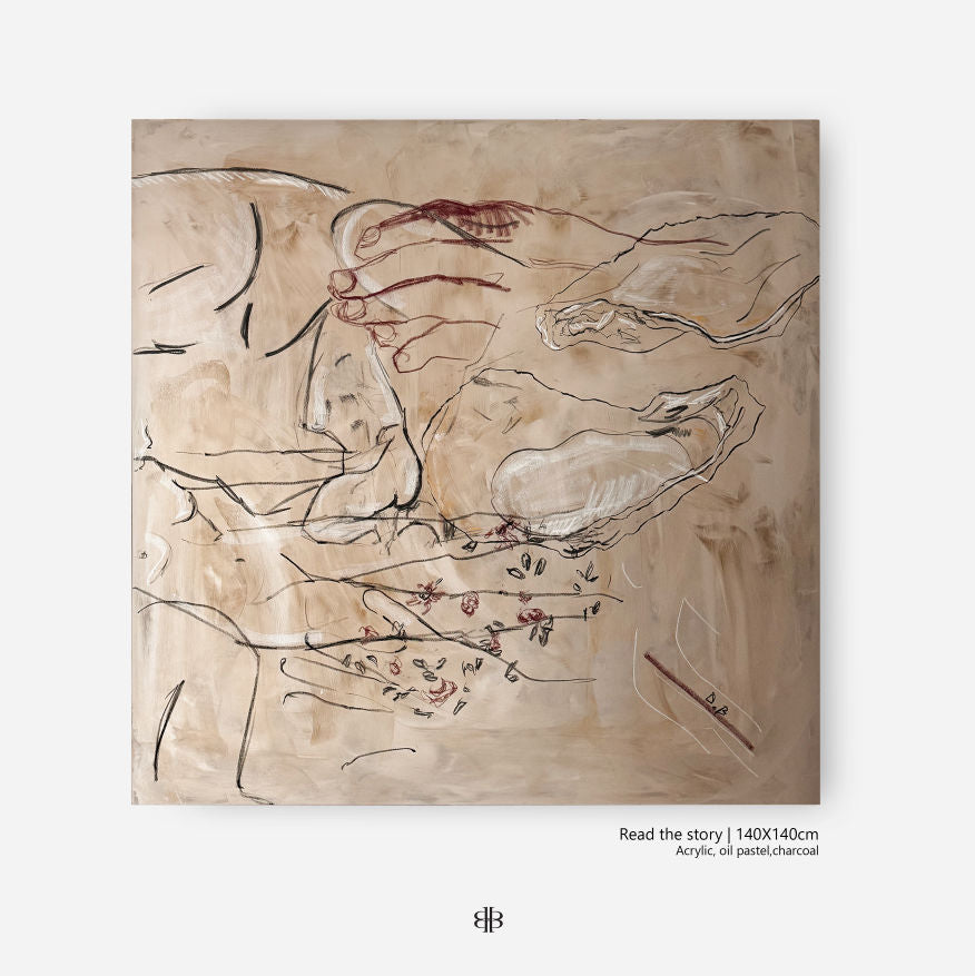 The 'Read the story vol. 01 and vol.02' Painting by Dovile Bernotaite features earthy abstract acrylics, intertwined sketch-like figures, accent marks, and text: "Read the story | 140x140 cm, Acrylic, oil pastel, charcoal.