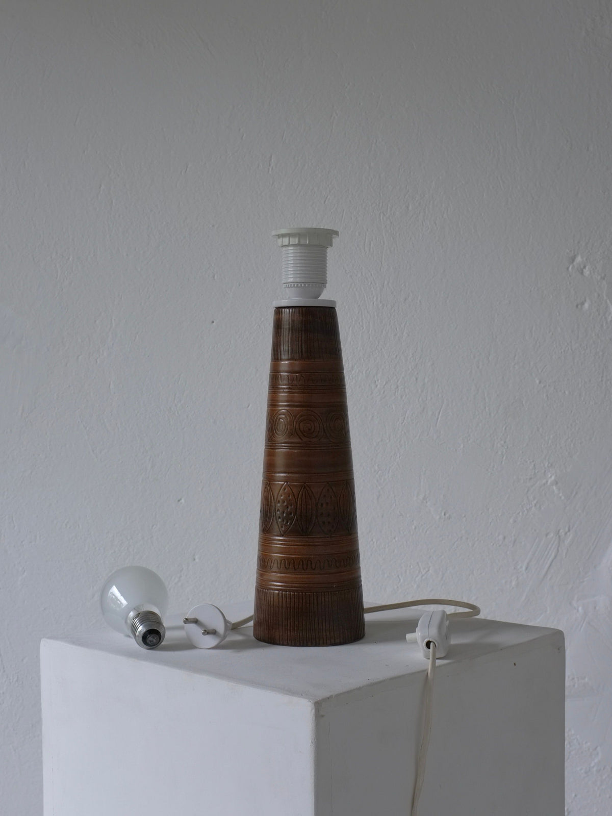 Stoneware table lamp base with carved tribal patterns, 1960s