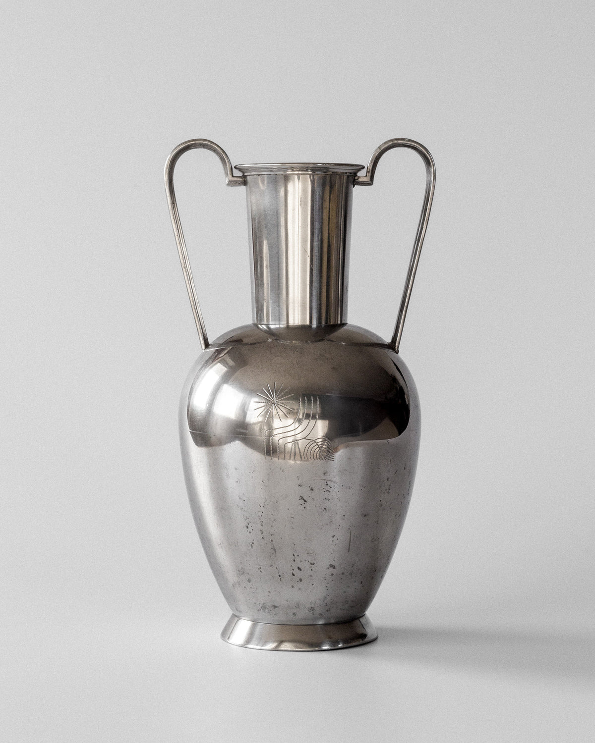 Large 1930s modernist pewter amphora vase with twin handles