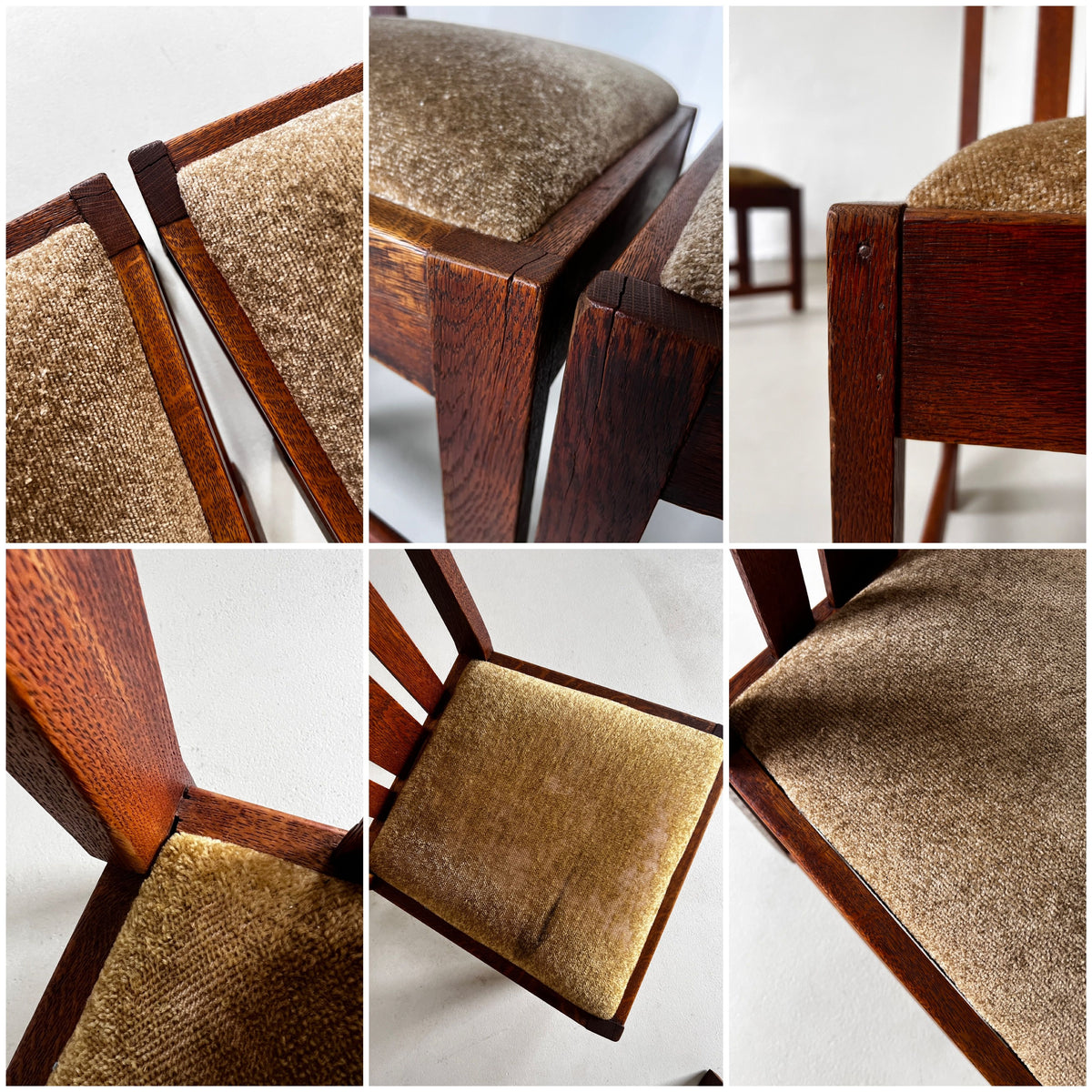 Close-up details of Arts & Crafts oak dining chair upholstery