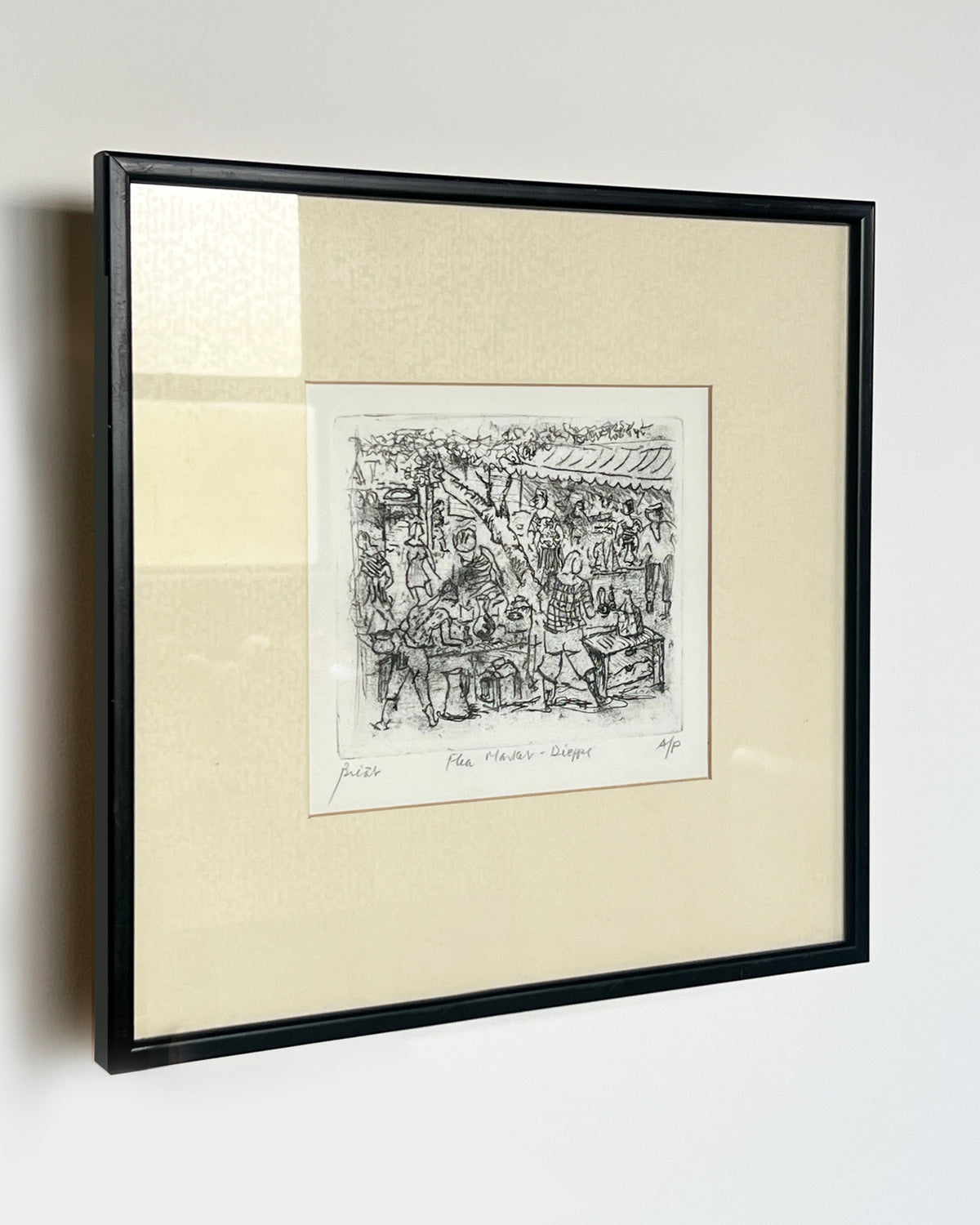 Framed charcoal sketch of bustling flea market scene by Porter Studio
