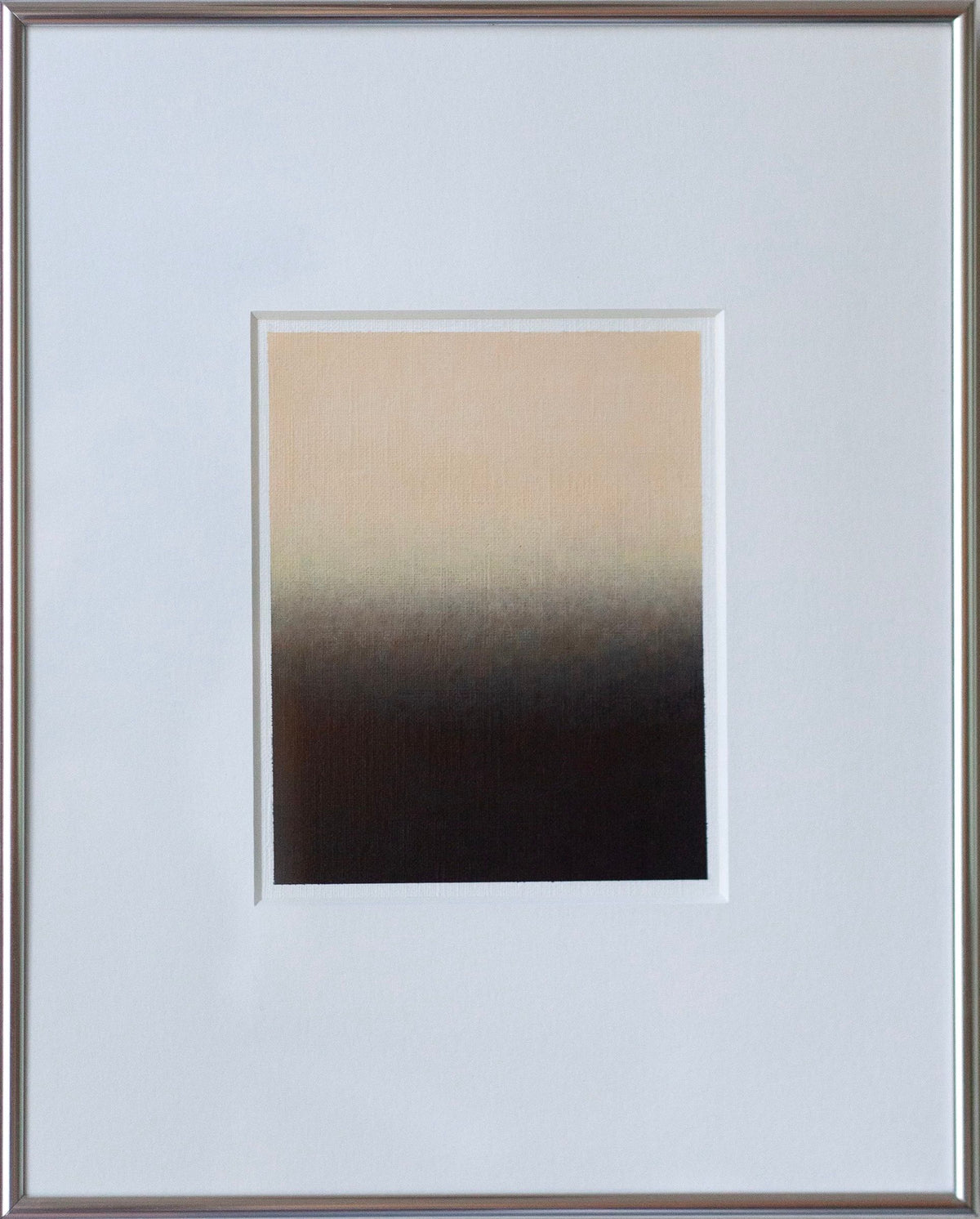 The "Untitled, 2024" acrylic painting by Rebecca von Matérn showcases a gradient from beige to dark brown, elegantly set against a white mat and encased in a sleek aluminum frame.