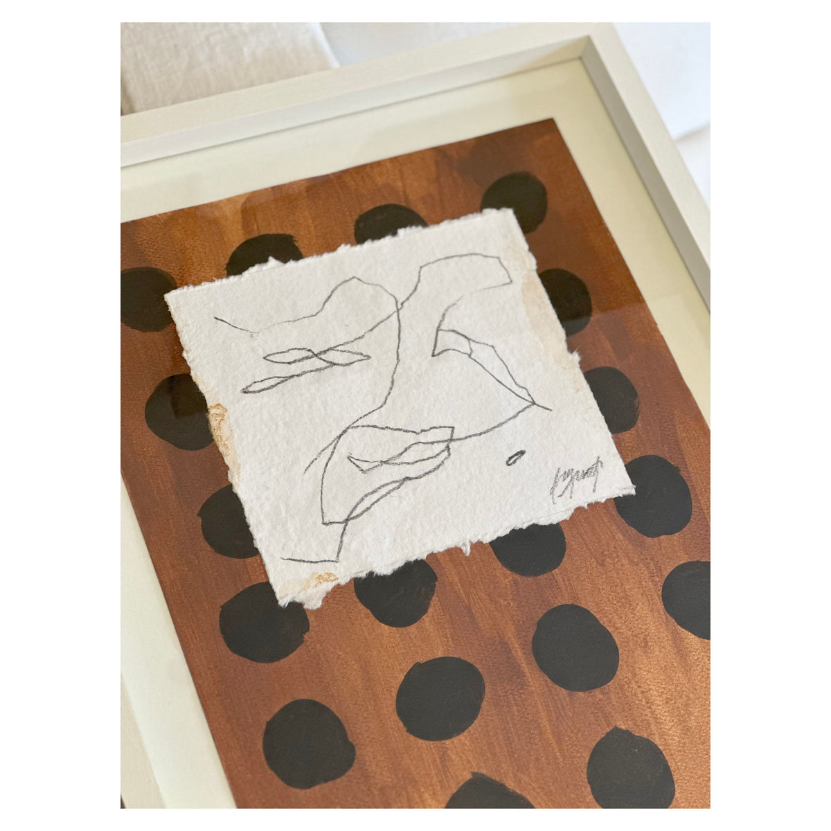 Abstract line drawing on handmade paper, framed artwork detail