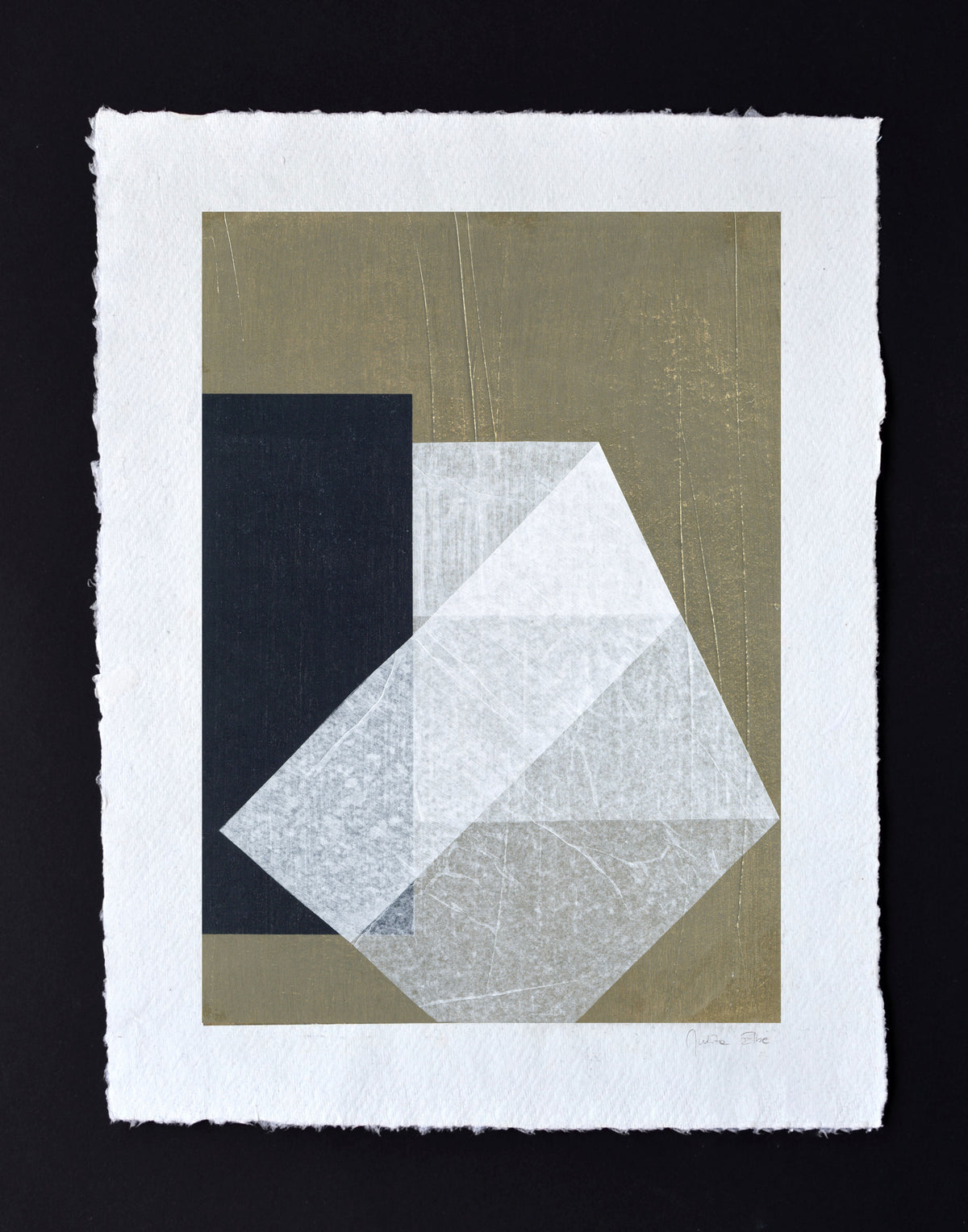Stone and Gap No.06" by Julita Elbe is an abstract geometric collage on handmade cotton paper, featuring overlapping shapes in beige, dark blue, and white that create an intriguing composition with a subtle play of light and shadow.