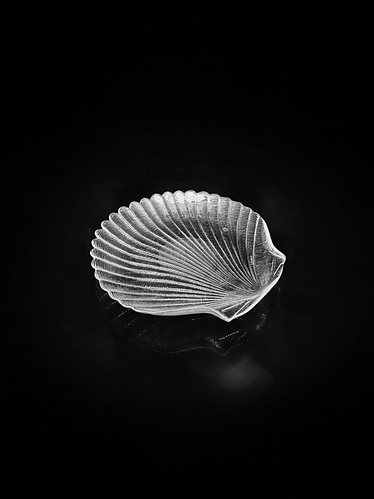 The Glass Serving Dish from Dodo Vintage rests elegantly against a black background, its transparent, intricately patterned shell-like shape and detailed textures beautifully highlighted by soft lighting.