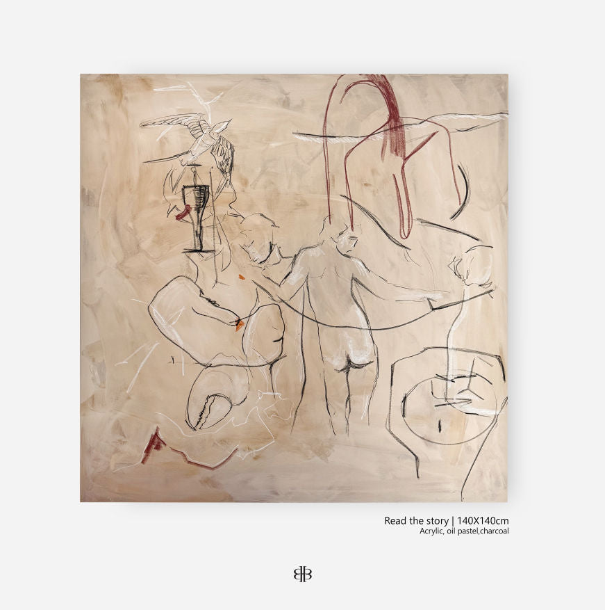 “Read the story vol. 01 and vol.02” by Dovile Bernotaite is a 140x140 cm diptych acrylic painting with sketch-like lines, fragmented human forms, neutral beige hues, touches of red, and geometric outlines.