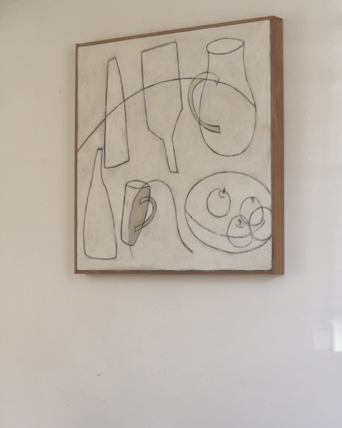 Minimalist line drawing still life painting with vessels and fruit