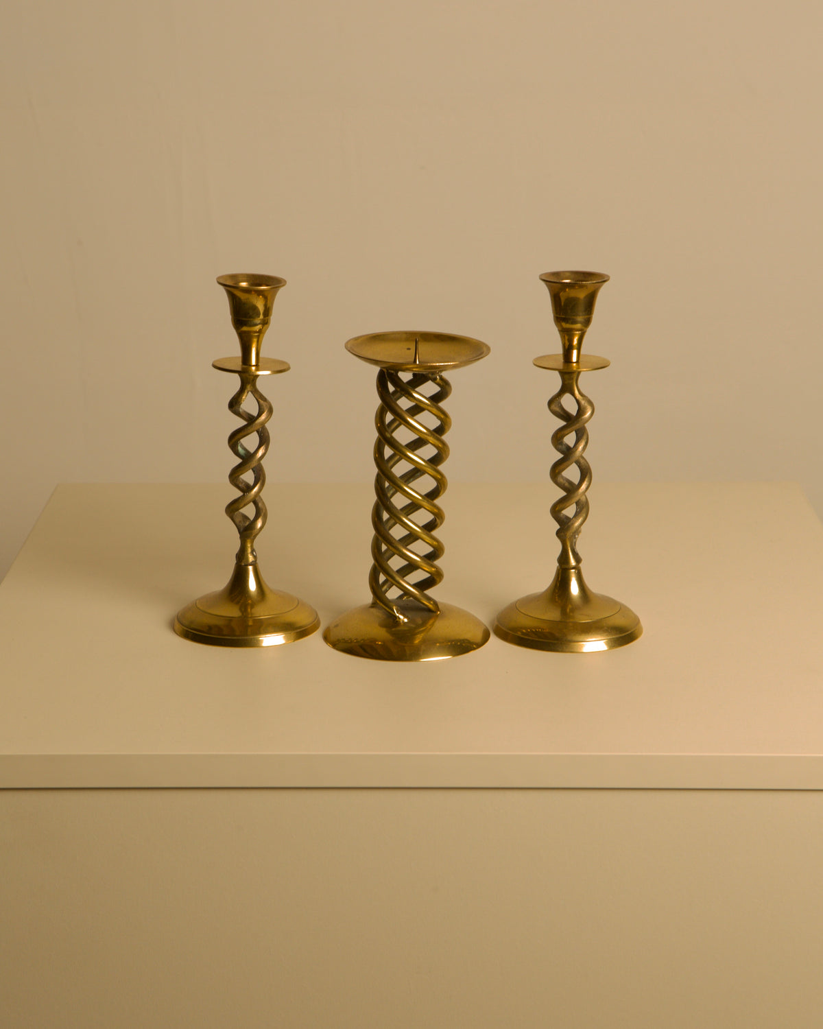 Set of 3 Italian 60's Gold Metal Candleholder — side angle showing twisted design