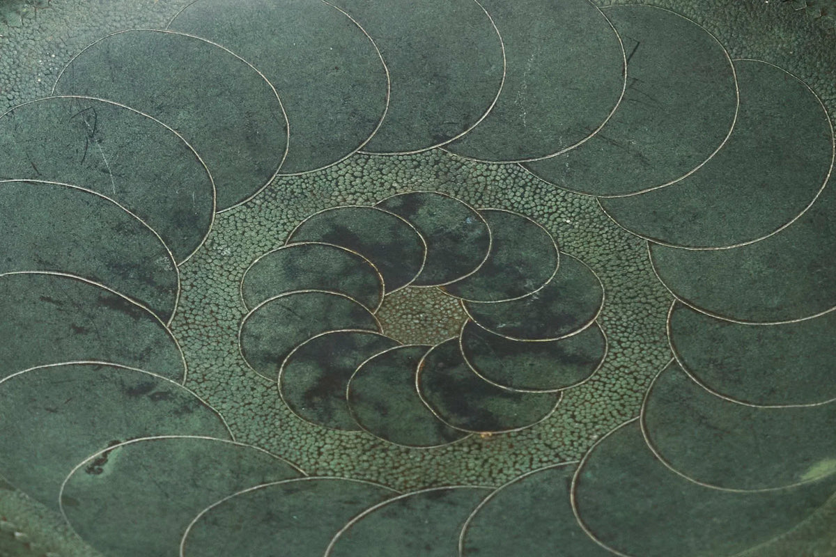 Hand Hammered Art Deco Centerpiece Bowl in Verdigris Patinated Copper 1930s — detail view