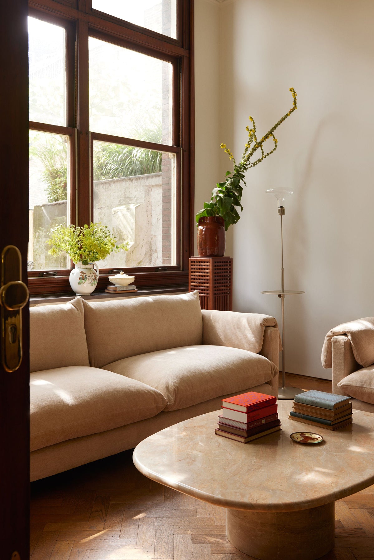 'La Plume' Sofa in Dedar Belsuede Fabric — side angle