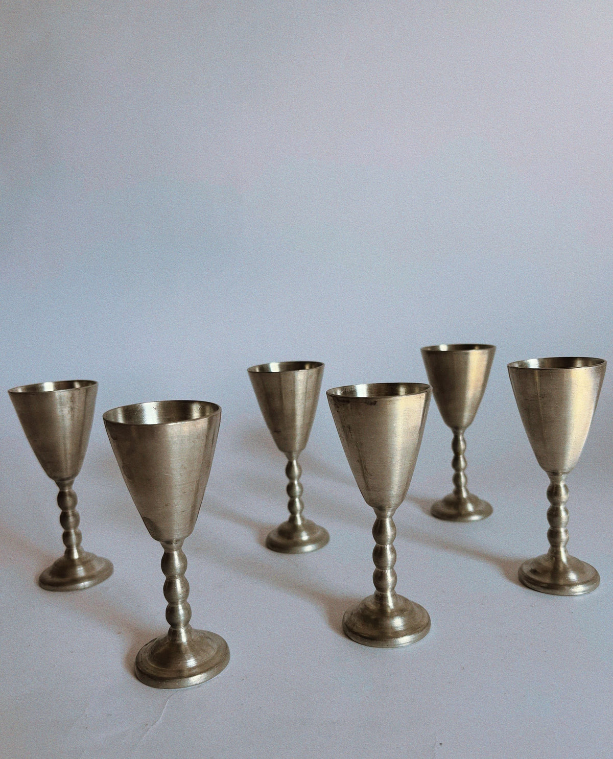 Set of 6 Pewter Schnapps Goblets, Sweden — side angle