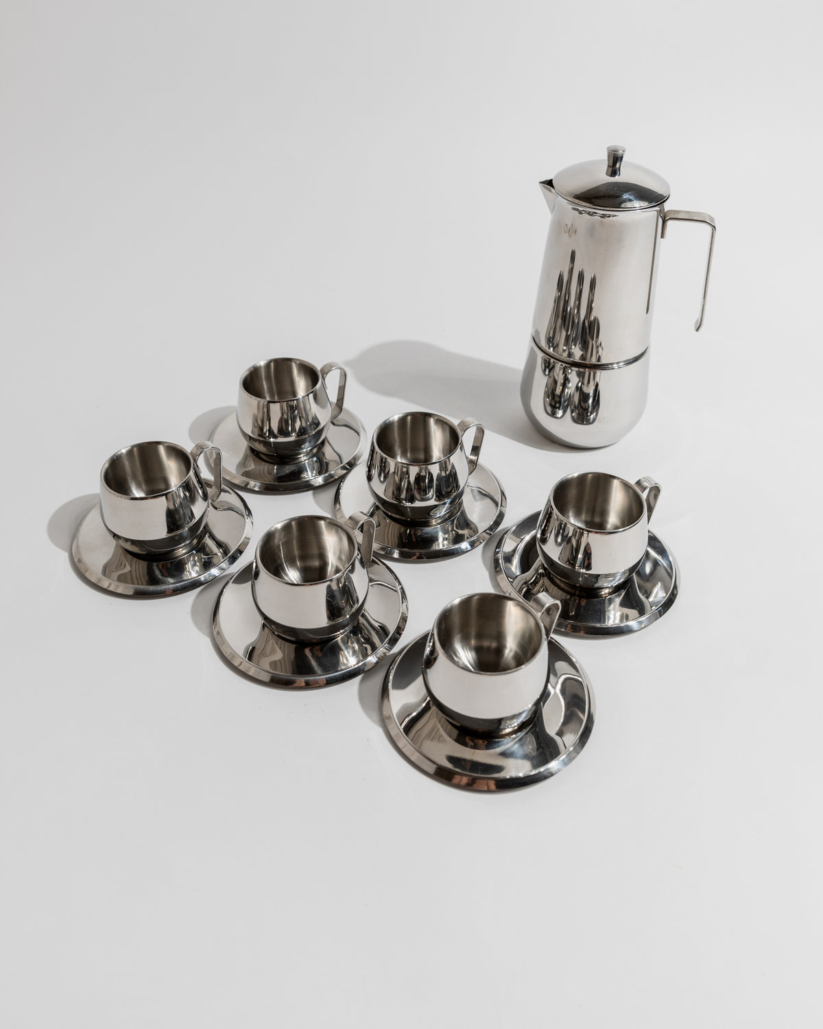 Elegant Vintage Coffee Set, 13 Pieces, Stainless Steel, Design by Gnutti Italy 1980s, Gift — close-up of stainless steel cups