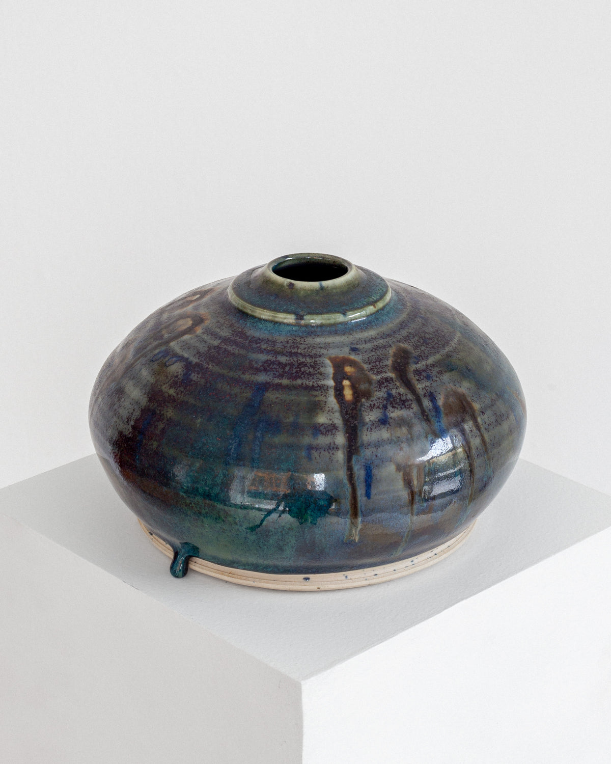 Scandinavian pottery vase with iridescent blue-green drip glaze