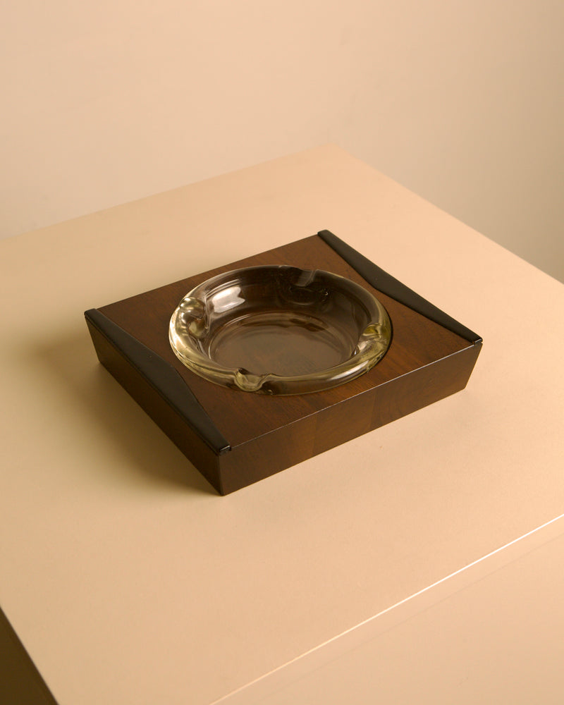 Italian solid wood and black leather ashtray, 1960s by Treaptyque | The Oblist