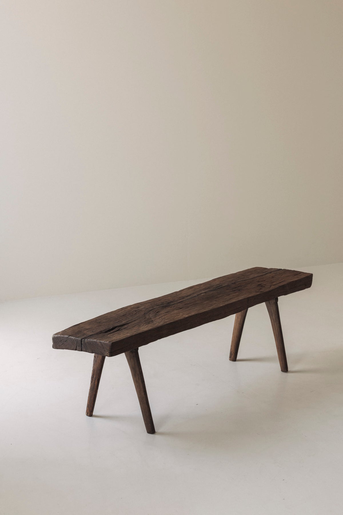 Primitive Rustic Bench in Oak, France, Early 20th Century — detail view