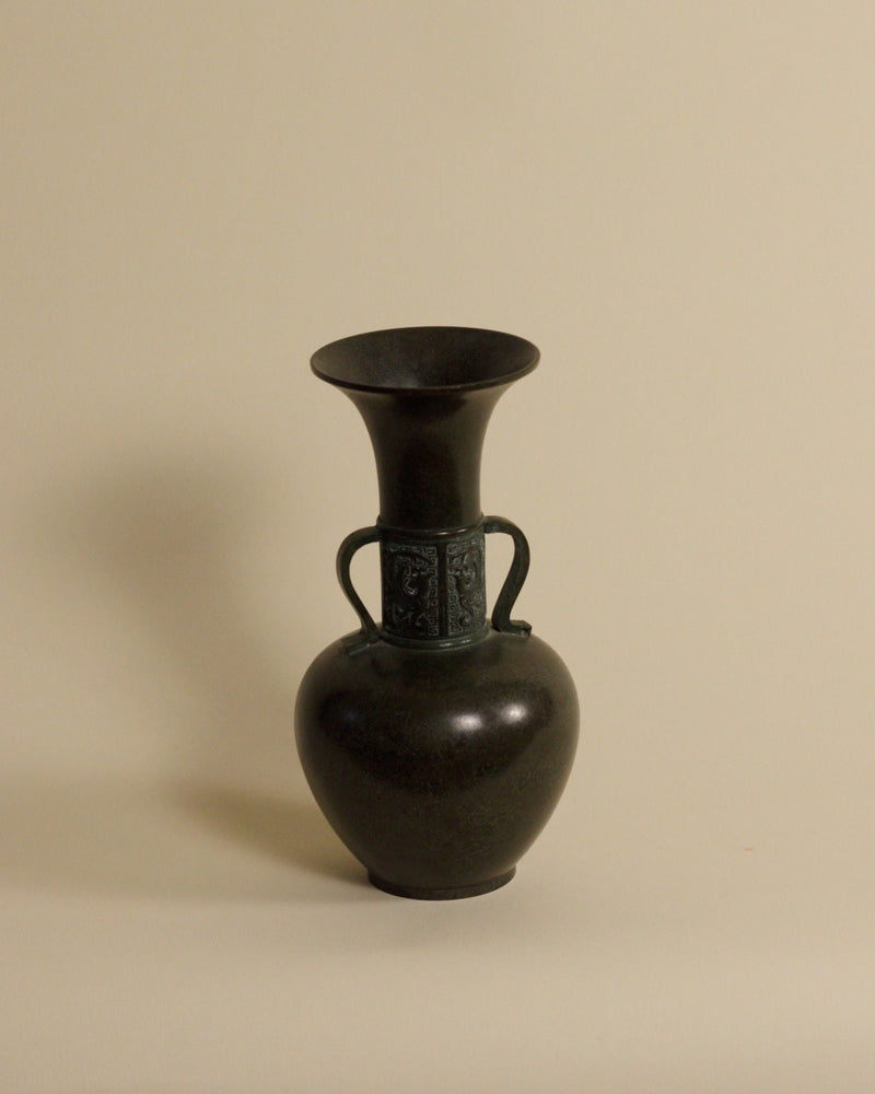 Japanese Patinated Bronze Vase – Geometric Relief Twin Handle by Mansión Luna | The Oblist