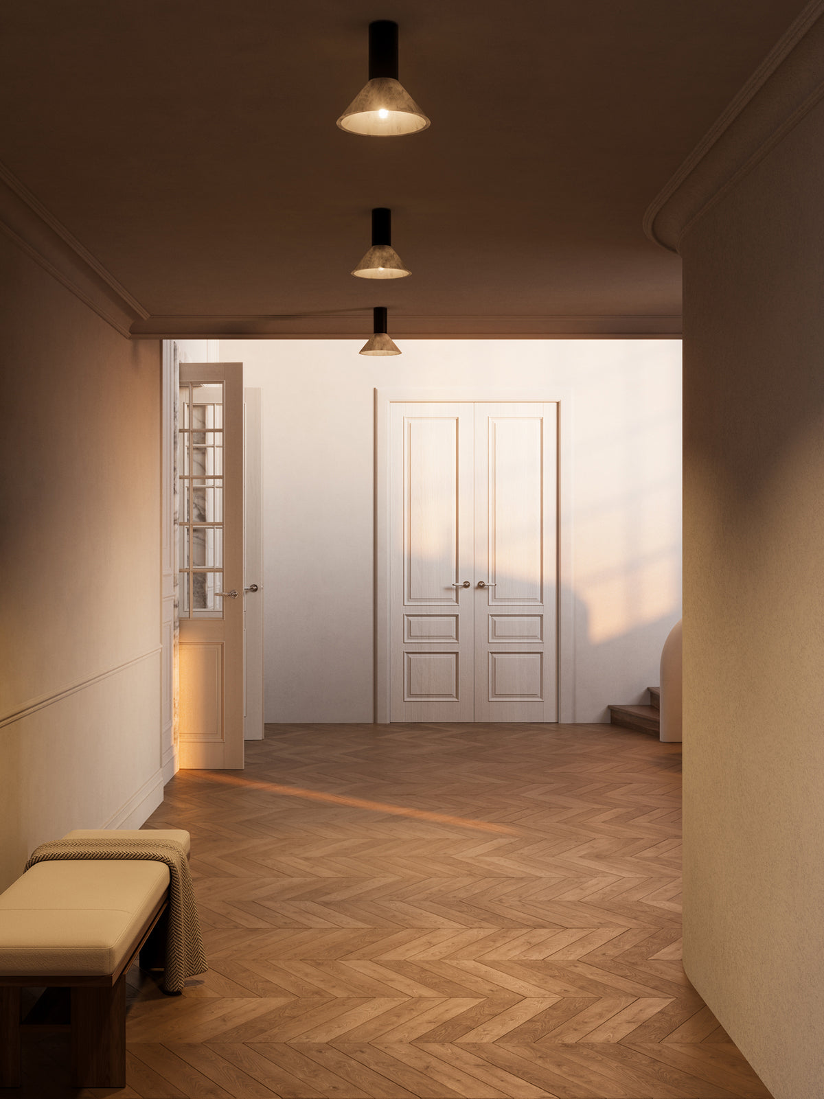 TORRES Pendant Short - Flush Mounted — side angle in modern hallway setting