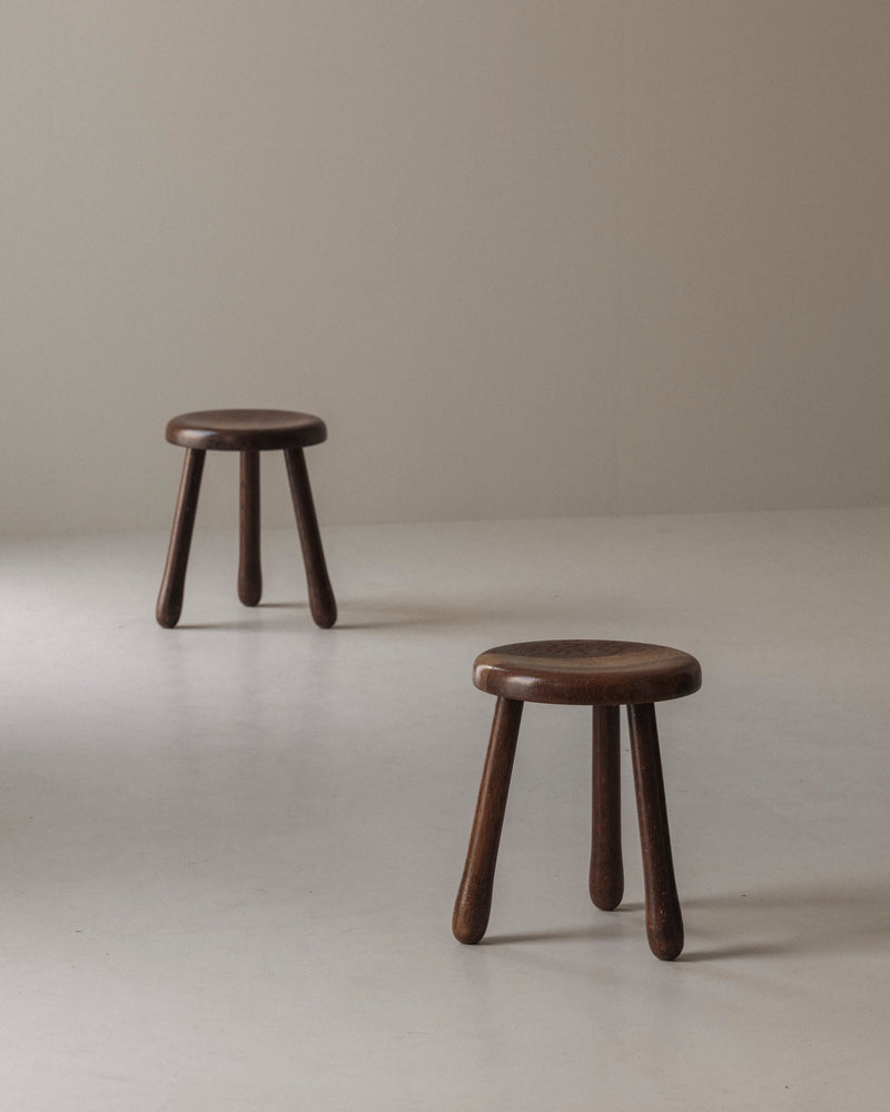 Set of Two Tripod Solid Elm Stools, France 1960s — side angle