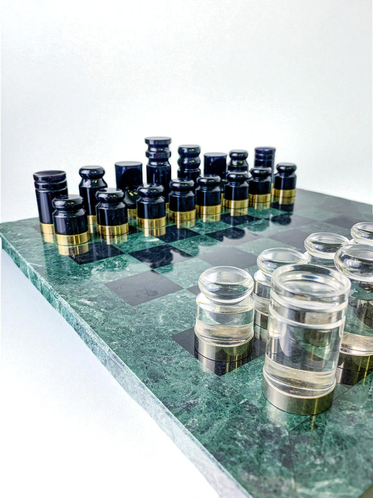 Acrylic & Gilt Brass Chess Set with Marble Board, Italy, 1970s — side angle