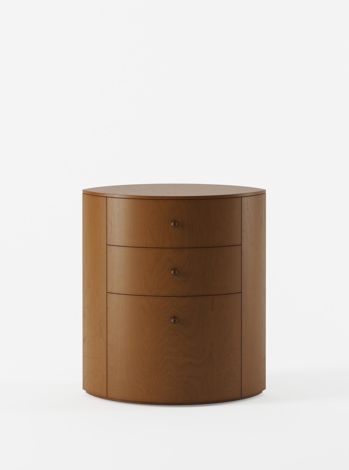 Observer cylindrical nightstand in warm brown birch with three drawers