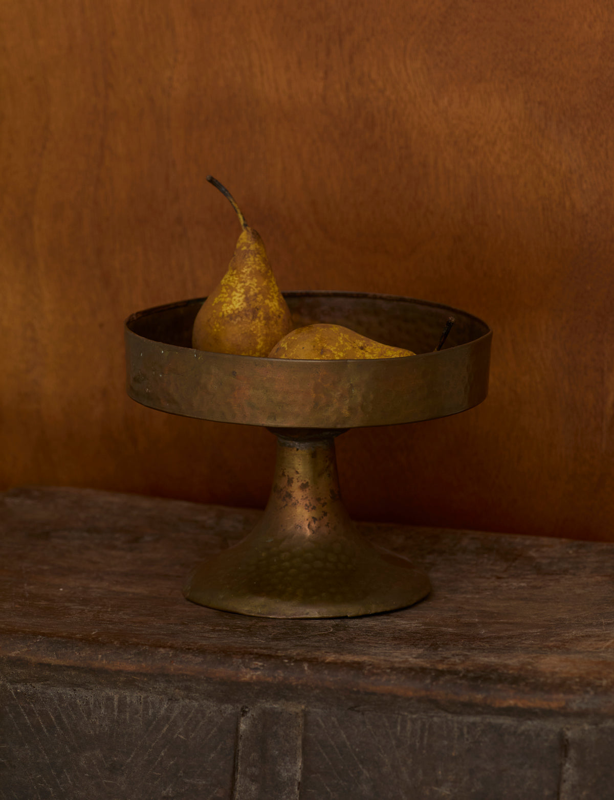 Metal Pedestal Bowl — back view with decorative brass finish and pears