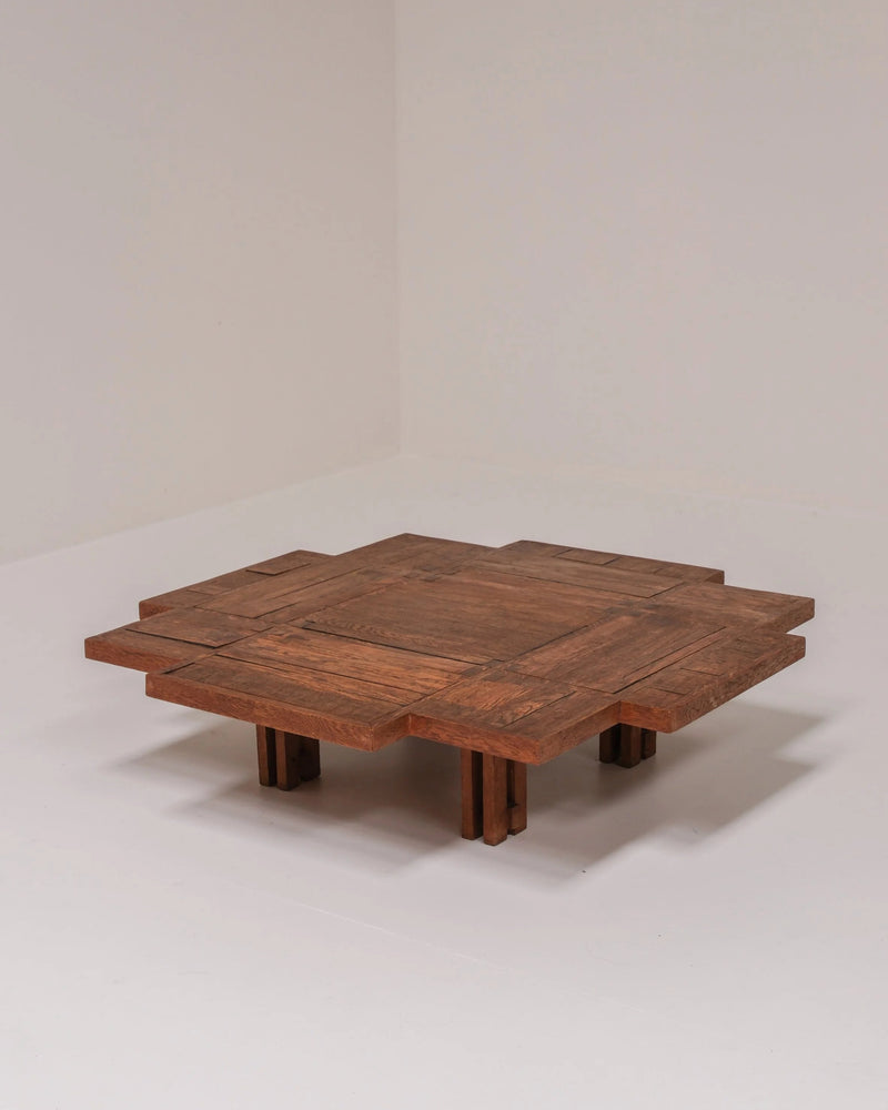 Unique Dutch Brutalist Square Oak Coffee Table, Netherlands, 20th Century by Paulette in 't Stad | The Oblist