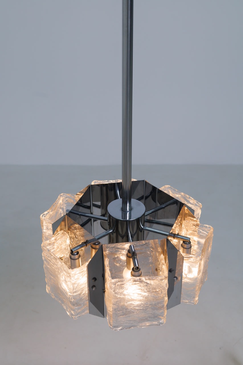 Vintage Chrome & Murano Glass Ceiling Light, Mazzega, Italy 1970s — side angle