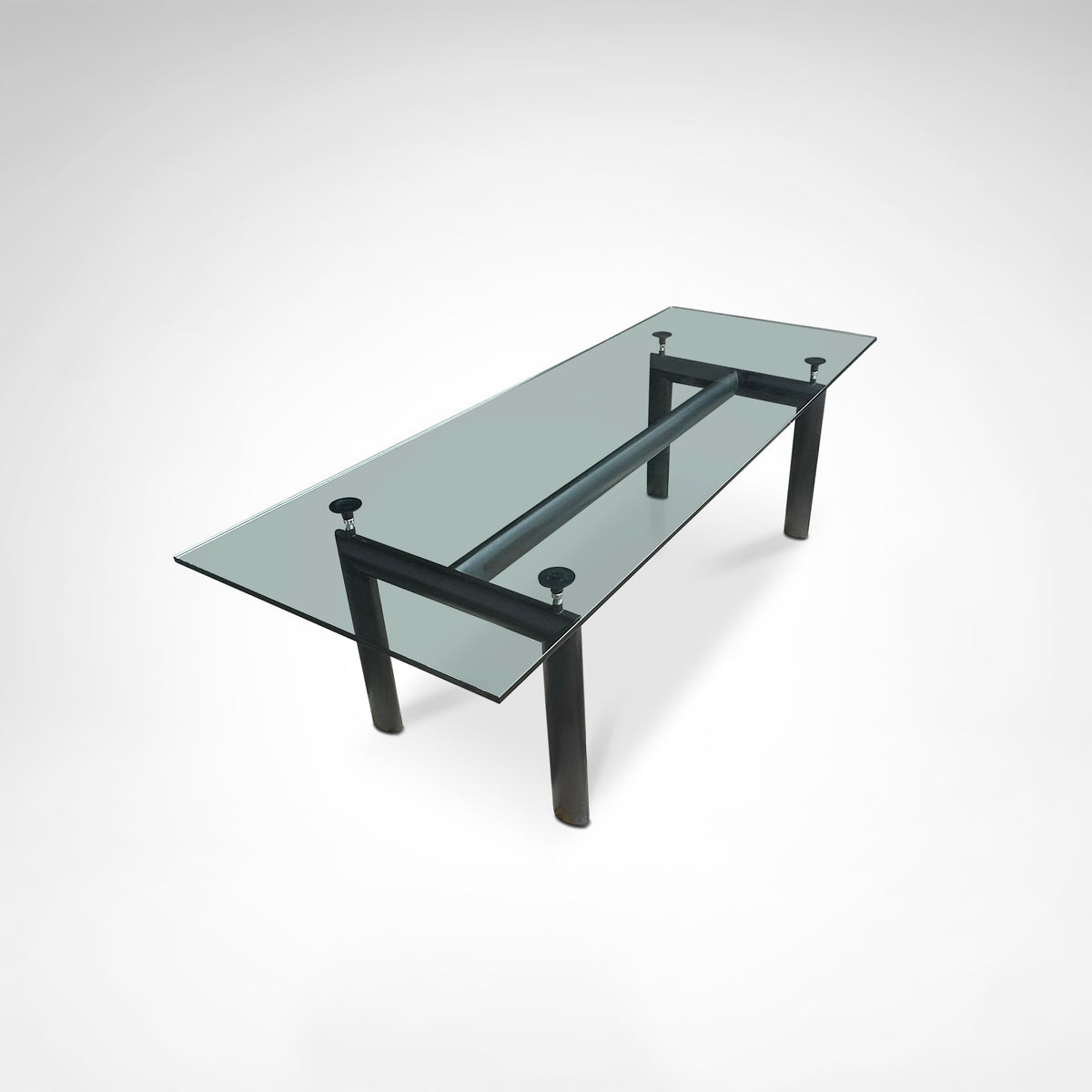 LC6 Dining Table by Le Corbusier et al. for Cassina 1990s — back view showing glass top and metal legs
