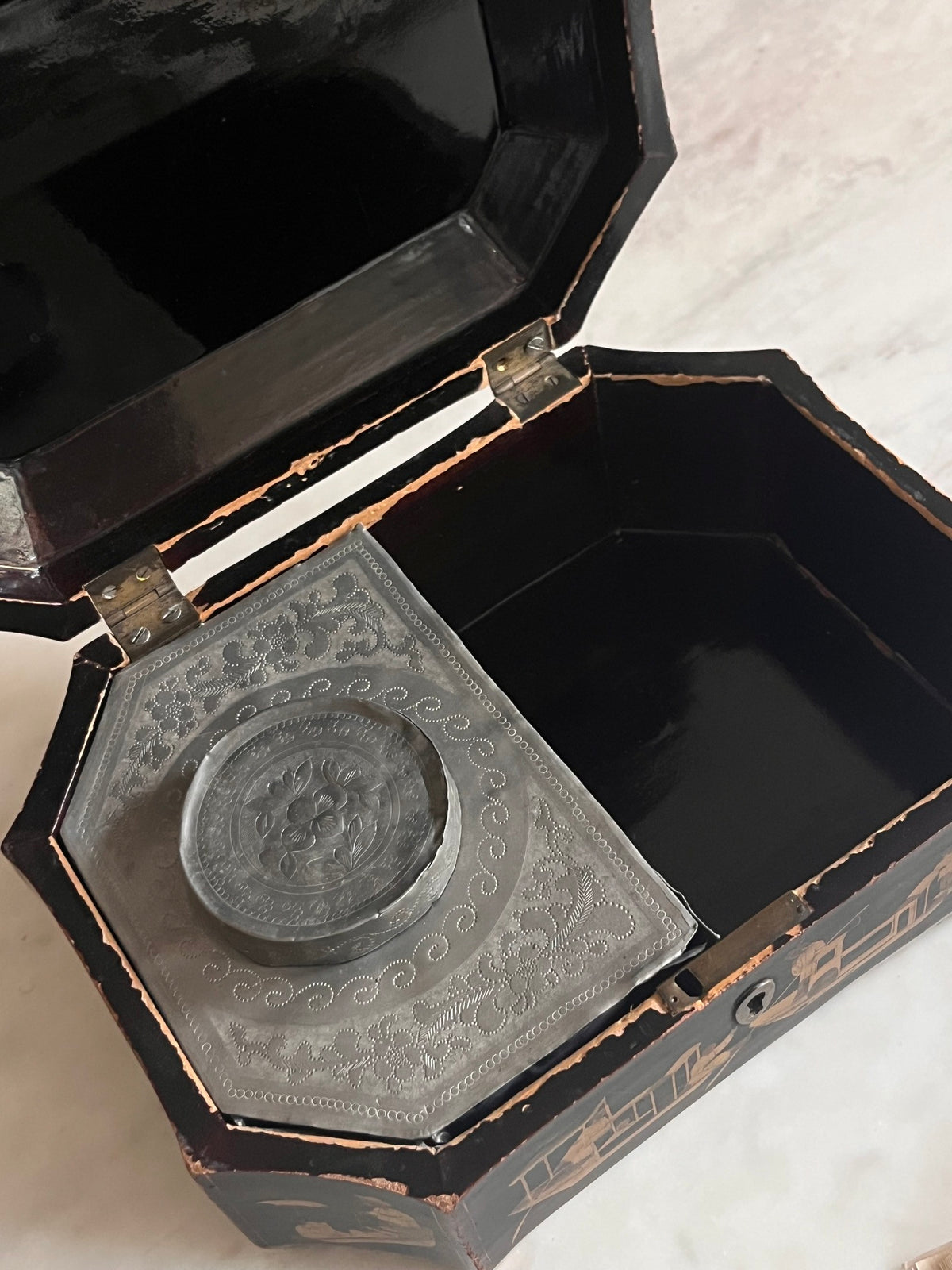 Antique Lacquered Chinese Chest, 1800s — side angle