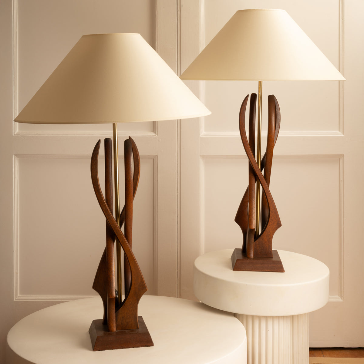 Pair of 1960s organic wooden table lamps with cream shades