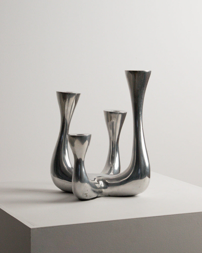 Organic Modern Four-Arm Candelabra in Polished Cast Aluminium, Swan Neck Arms, Northern European 1980s by Studio Ecubed