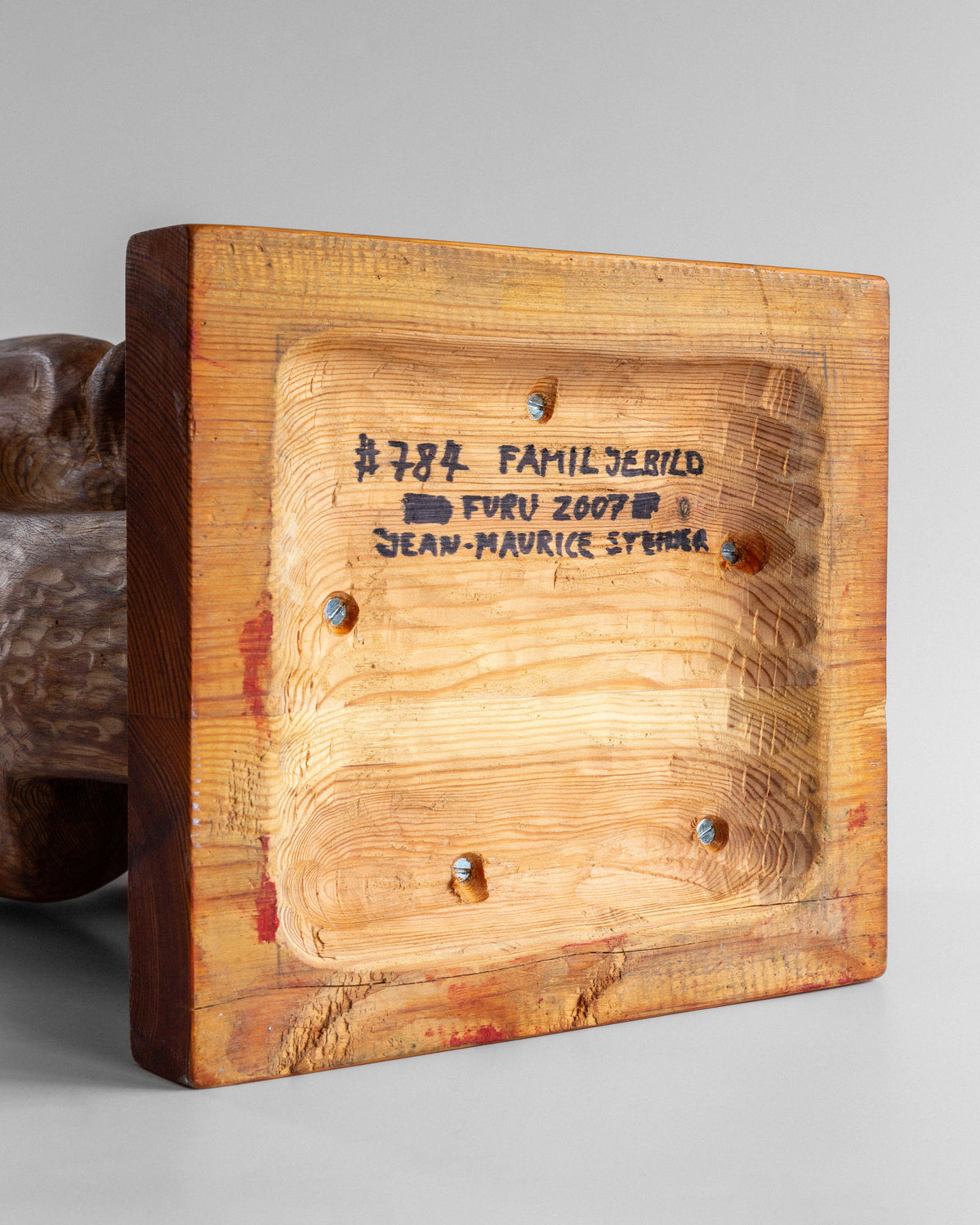 Large Wooden Sculpture by Jean-Maurice Steiner, 2007 — close-up of handcrafted wood base with markings